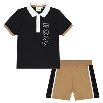 Baby Boys Black & Beige Polo & Shorts Set