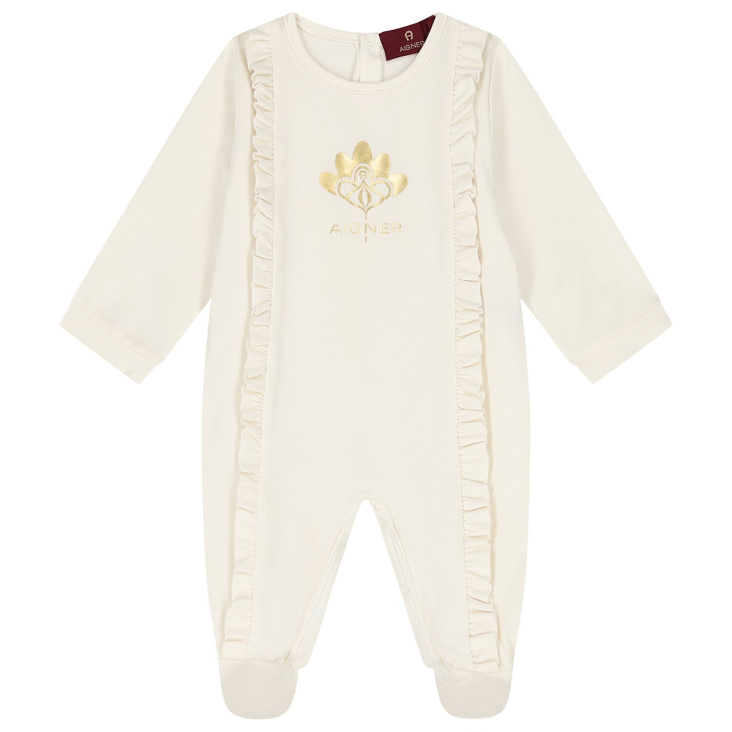 Baby Girls White & Gold Ruffled Babygrow, 1, hi-res