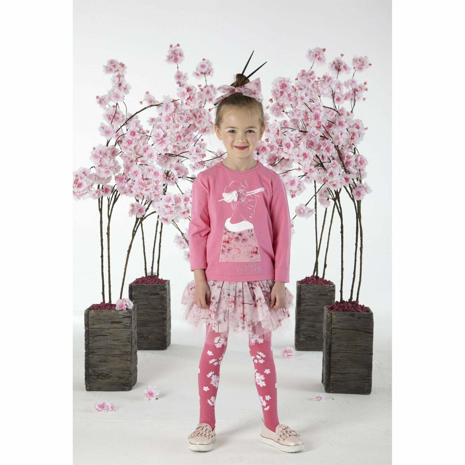 Girls Pink Blossom Tights, 1, hi-res