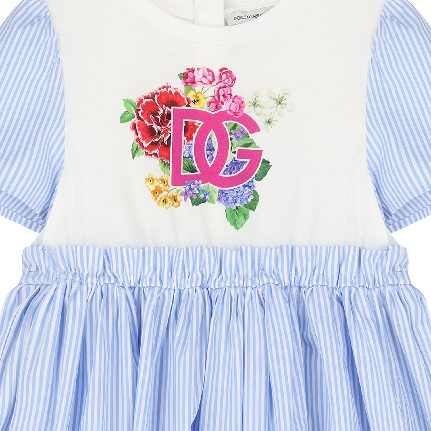Girls Blue & White Striped Dress With Floral DG Logo, 1, hi-res image number null