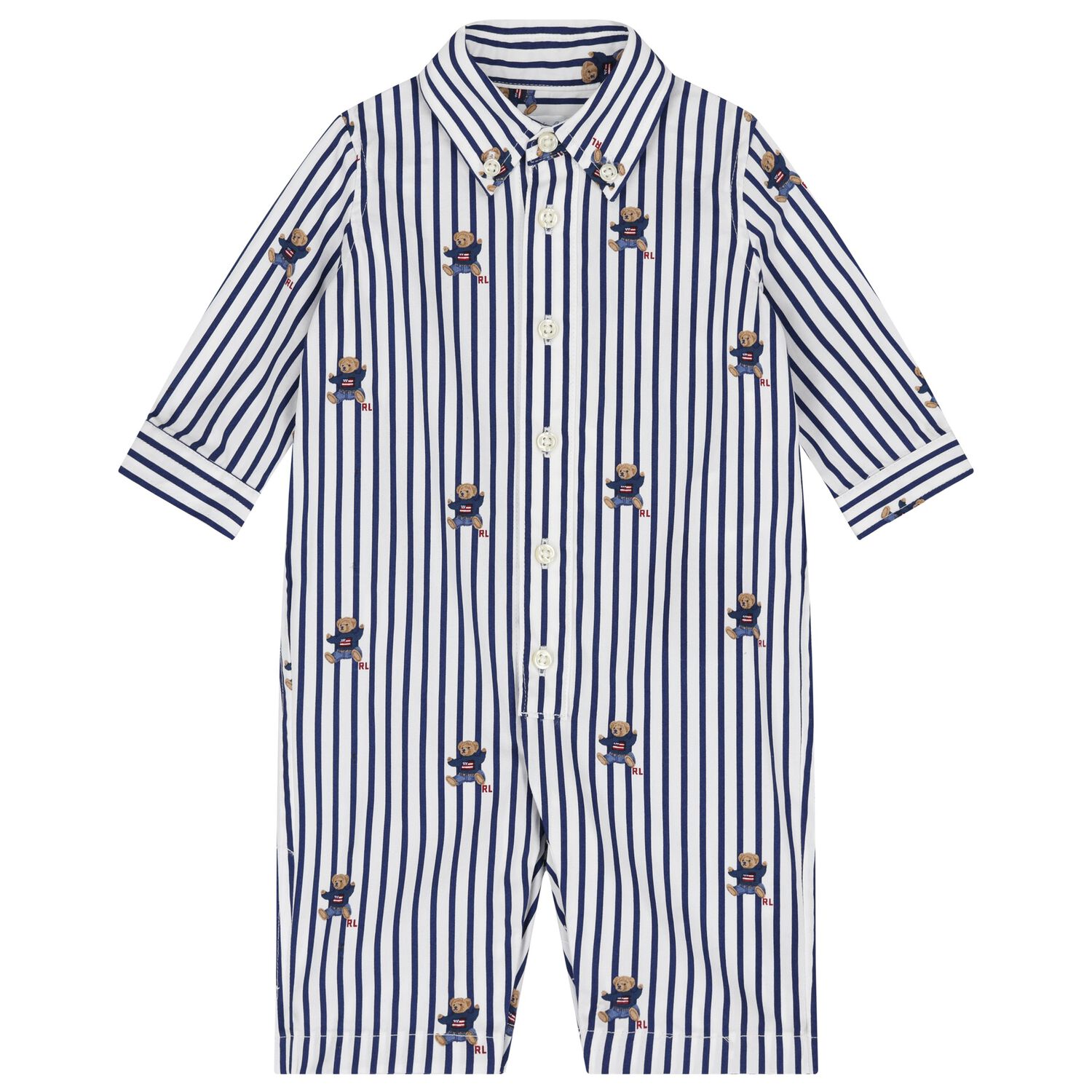 Baby Boys White & Blue Polo Bear Striped Romper, 1, hi-res