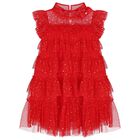 Girls Red Embellished Tiered Tulle Dress, 1, hi-res