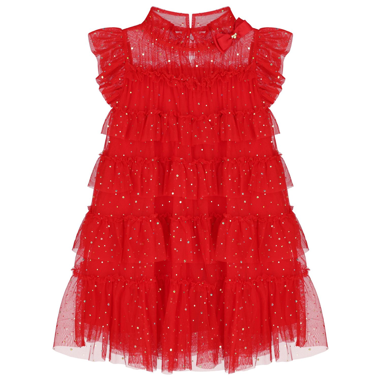 Girls Red Embellished Tiered Tulle Dress, 1, hi-res
