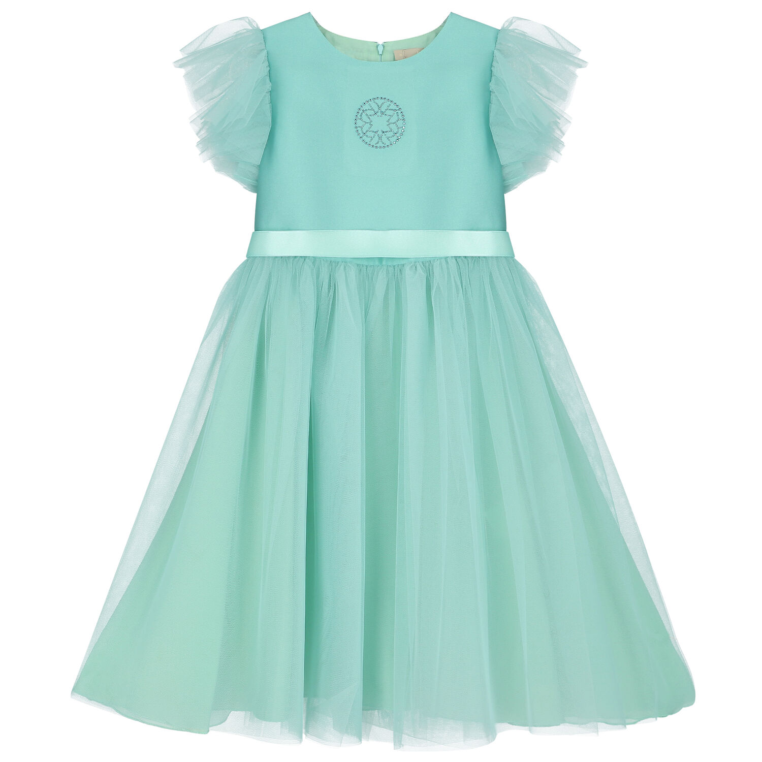 Girls Aqua Blue Satin Tulle Dress, 1, hi-res image number null
