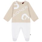 Beige & White Logo Babygrow, Hat & Bib Gift Set, 1, hi-res