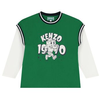 Boys Green & White Elephant Logo Long Sleeve Top