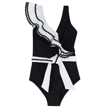 Girls White & Black Ruffled Swimsuit