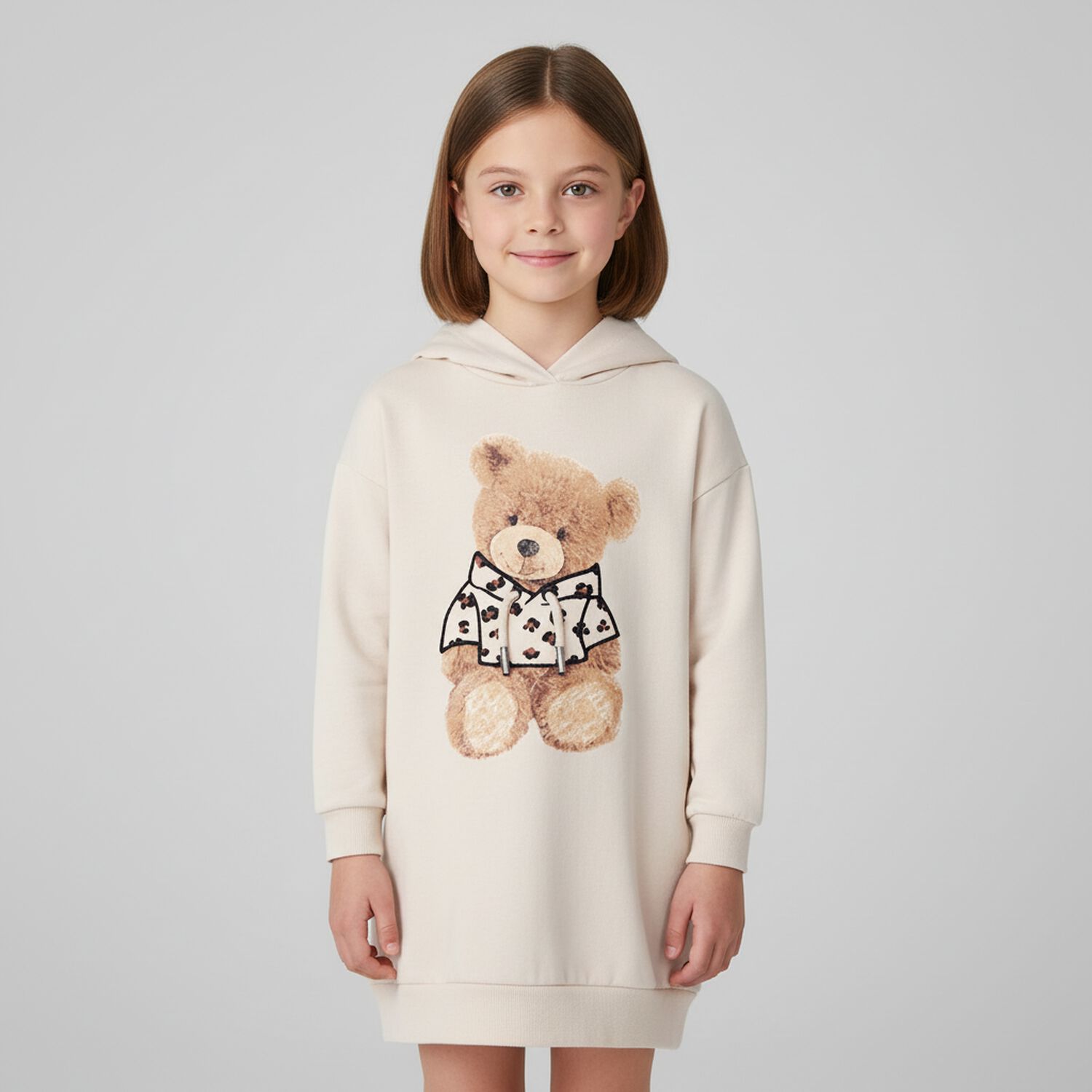 Girls Beige Fleece Hooded Dress, 2, hi-res