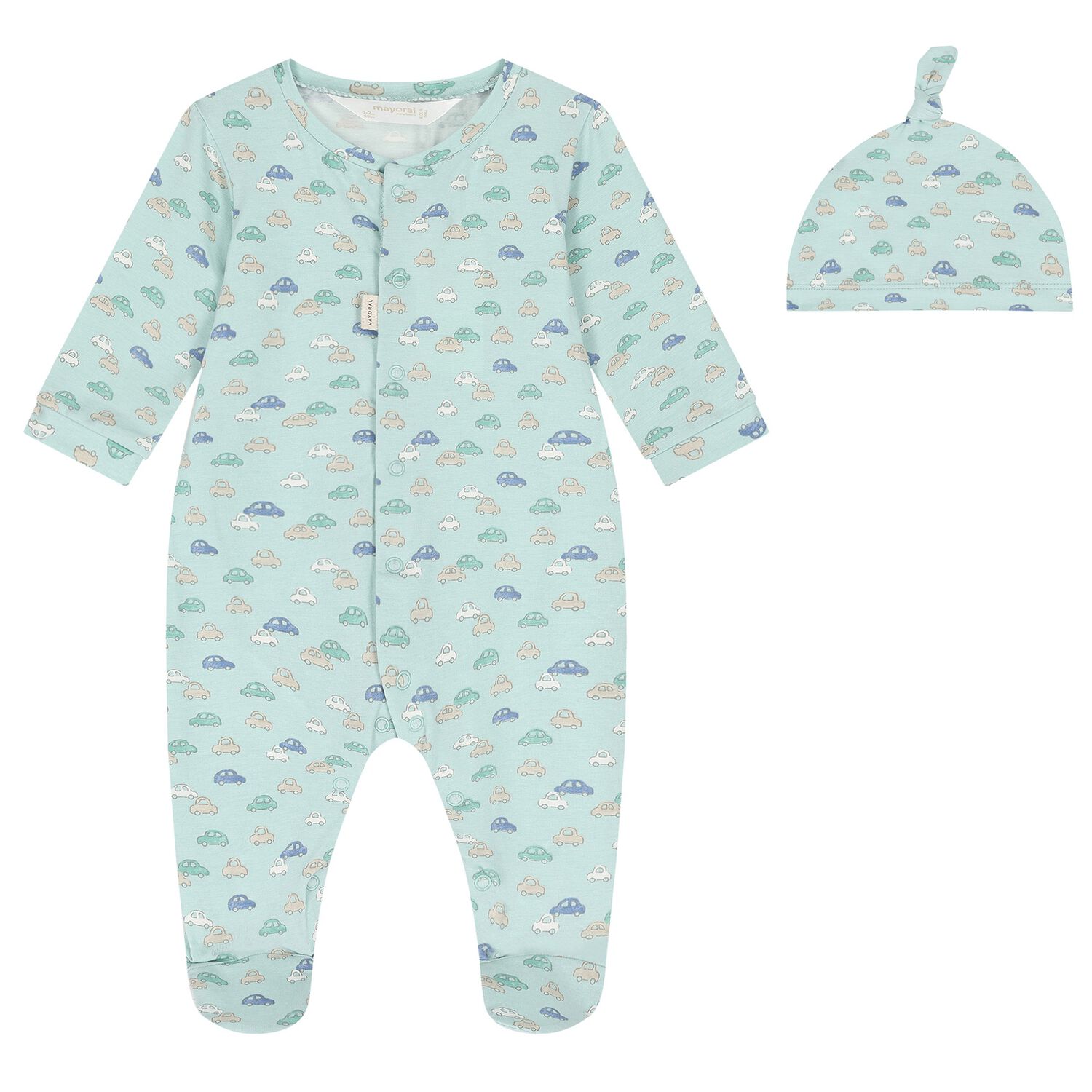 Baby Boys Green Car Print Babygrow & Hat Set, 2, hi-res