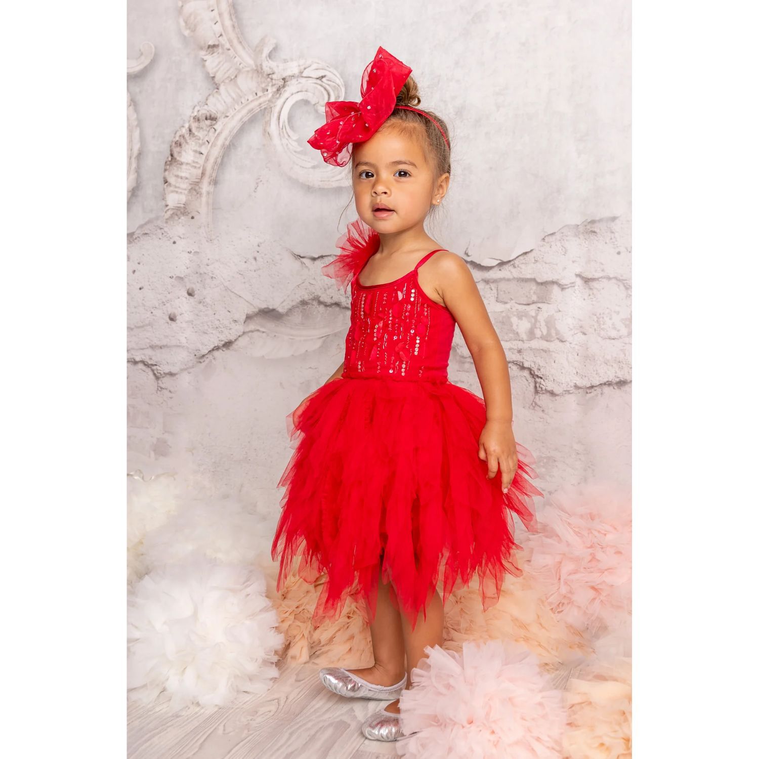 Younger Girls Red Ruffled Tulle Dress Set, 1, hi-res