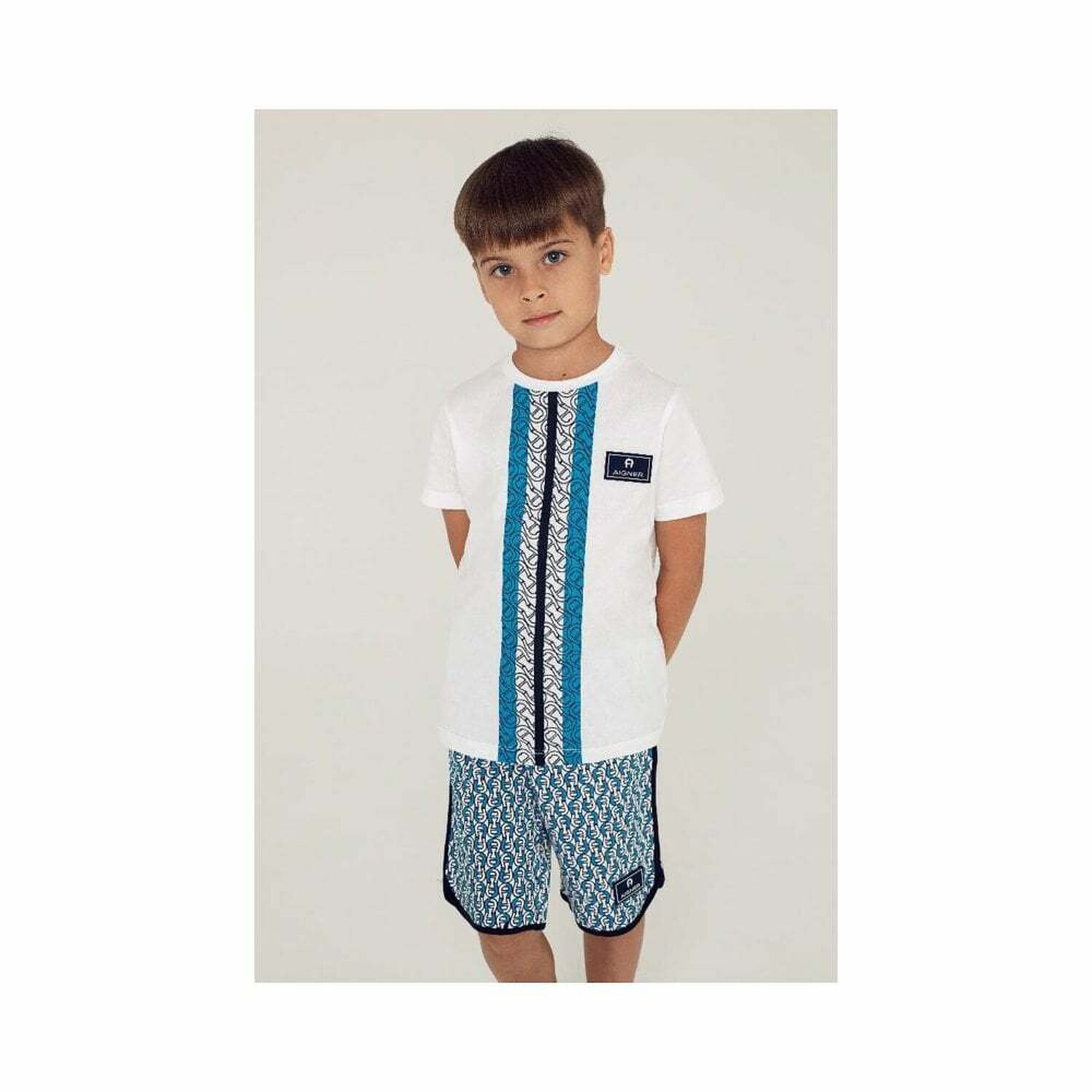 Boys White & Blue Logo Shorts, 1, hi-res