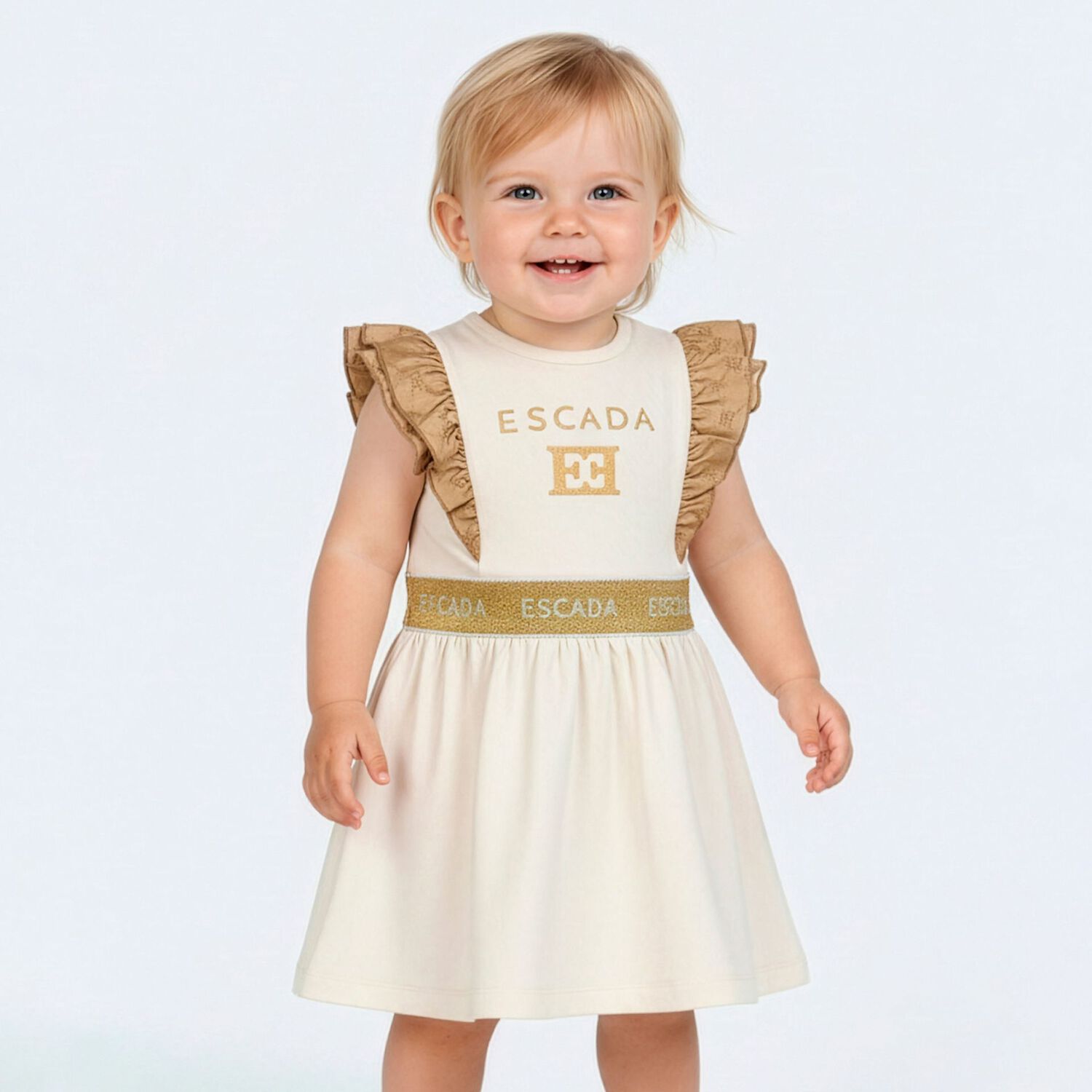 Younger Girls Ivory & Gold Logo Ruffled Dress, 1, hi-res
