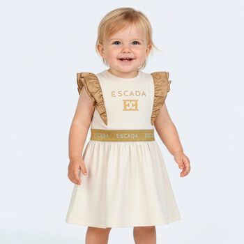 Younger Girls Ivory & Gold Logo Ruffled Dress