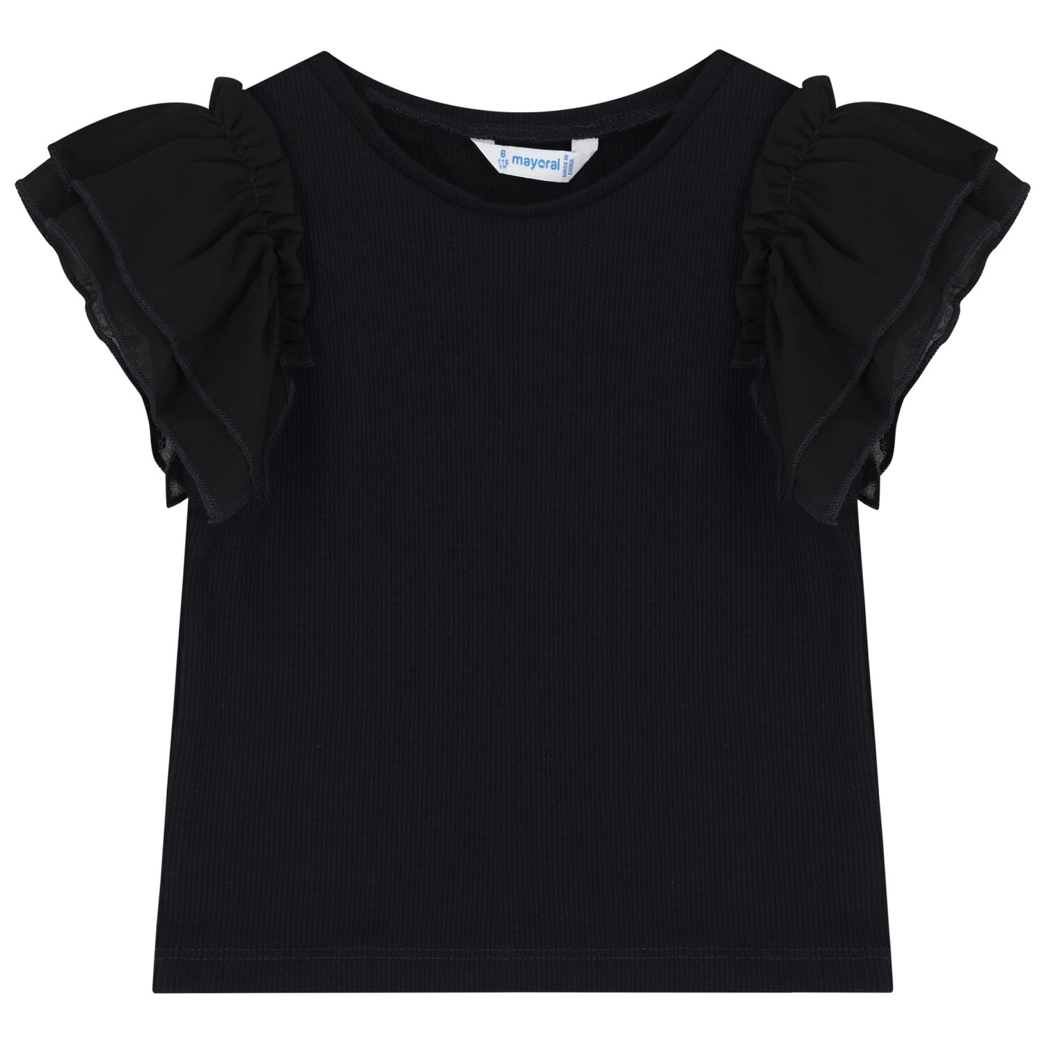 Girls Black Flutter Sleeve Top, 1, hi-res
