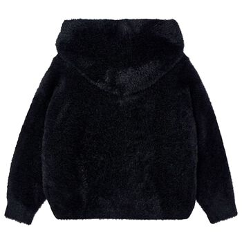 Girls Black Fluffy Knit Hooded Zip Up Top