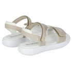 Girls Metallic Gold Logo Sandals, 1, hi-res