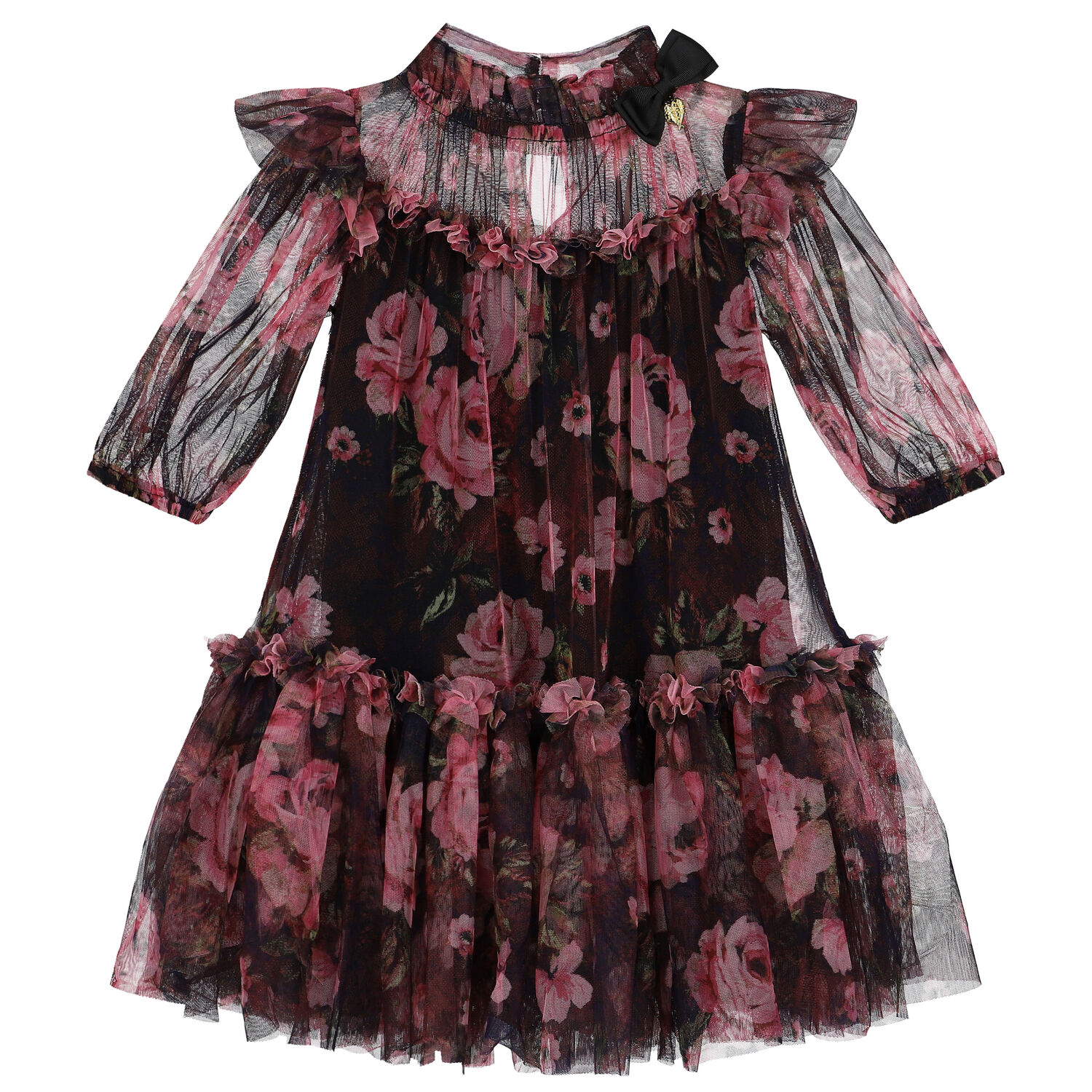 Girls Black Floral Tulle Dress, 1, hi-res image number null