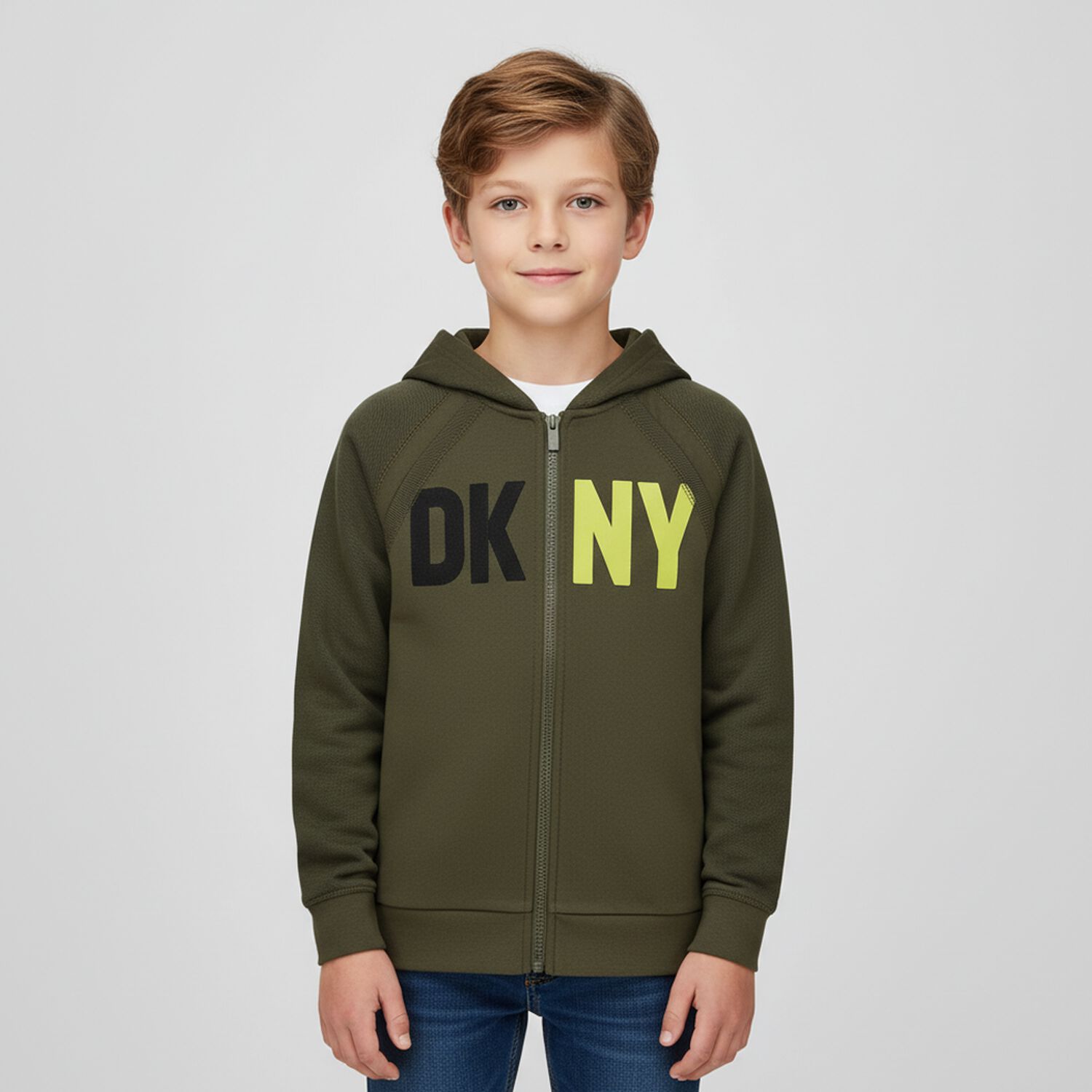 Boys Khaki Logo Hooded Zip Up Top, 2, hi-res image number null