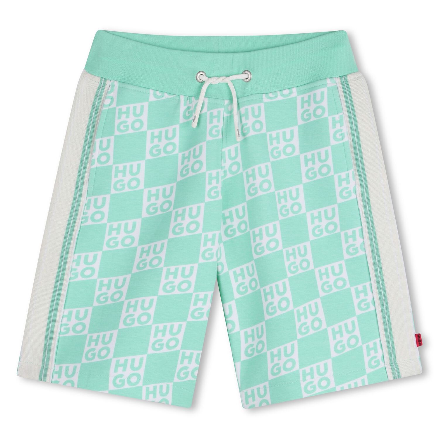 Boys Aqua & White Check Logo Shorts, 2, hi-res