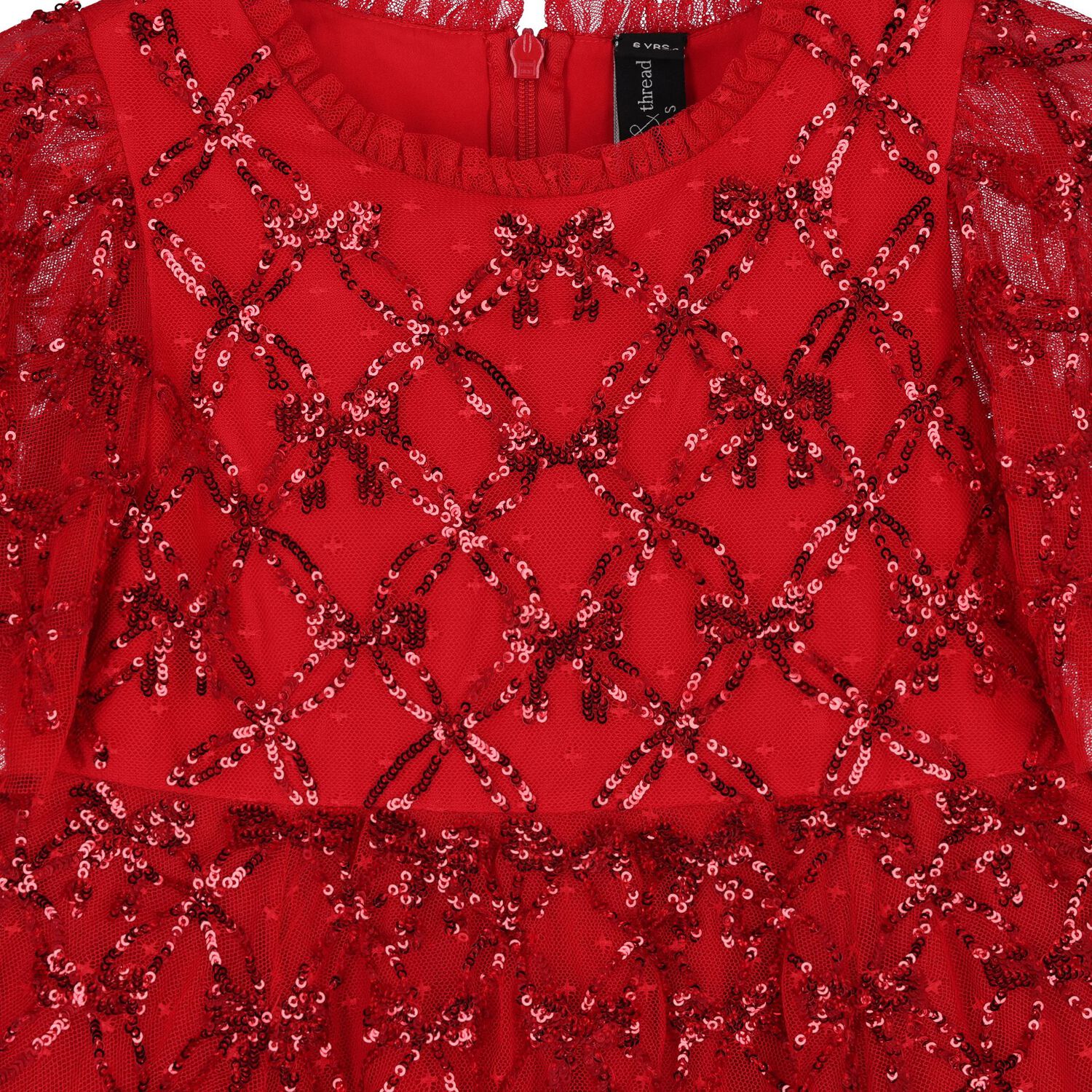 Girls Red Bow Lattice Sequin Tulle Dress, 1, hi-res