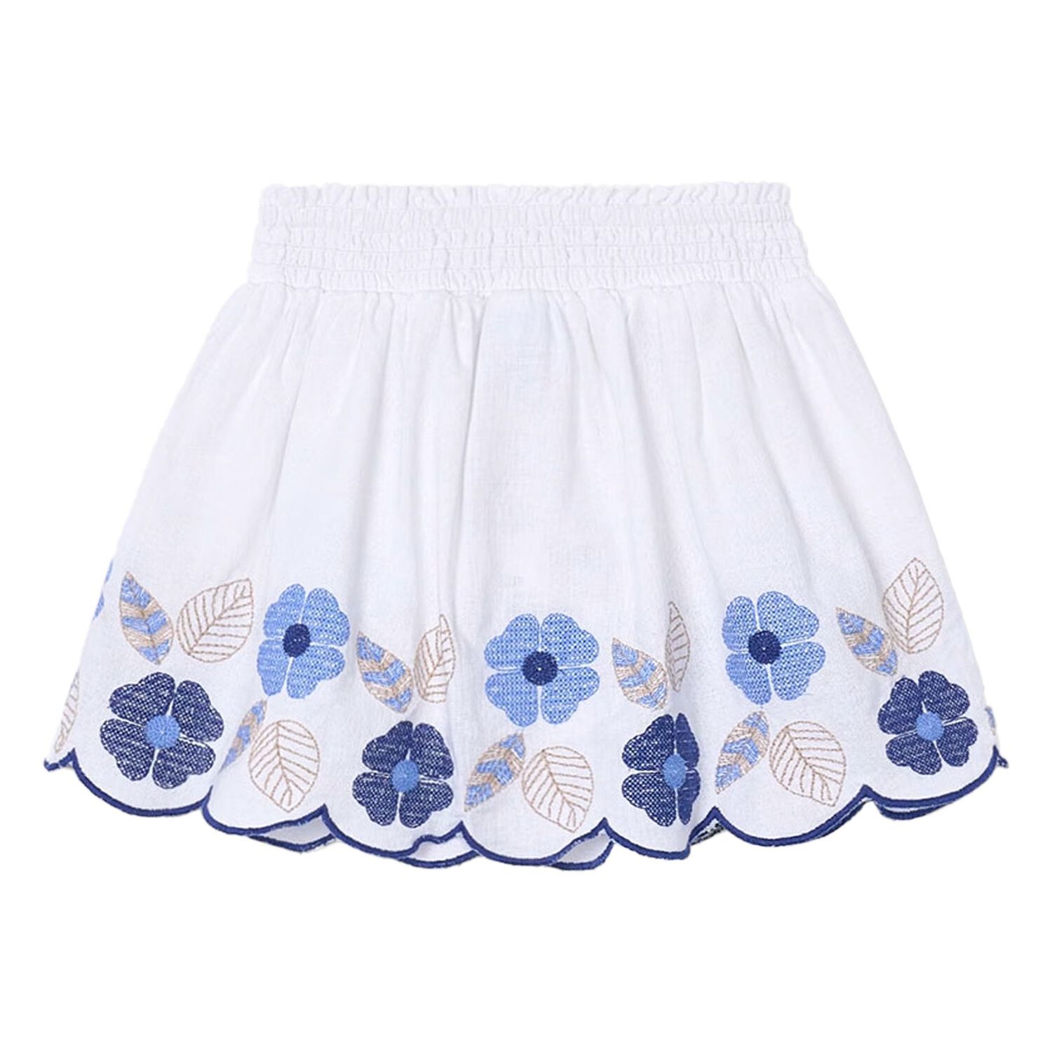 Girls White & Blue Embroidered Skirt, 1, hi-res