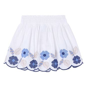 Girls White & Blue Embroidered Skirt