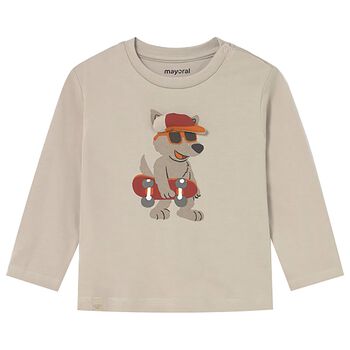 Younger Boys Beige Dog Long Sleeve Top