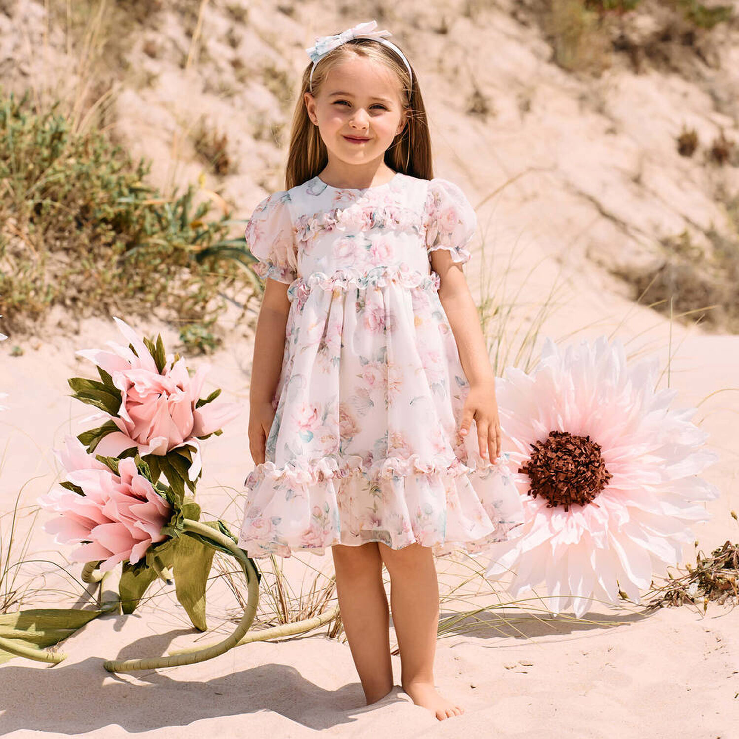 Girls Ivory & Pink Floral Chiffon Dress, 1, hi-res image number null