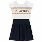 Girls Navy Blue and White Logo Dress Set, 1, hi-res