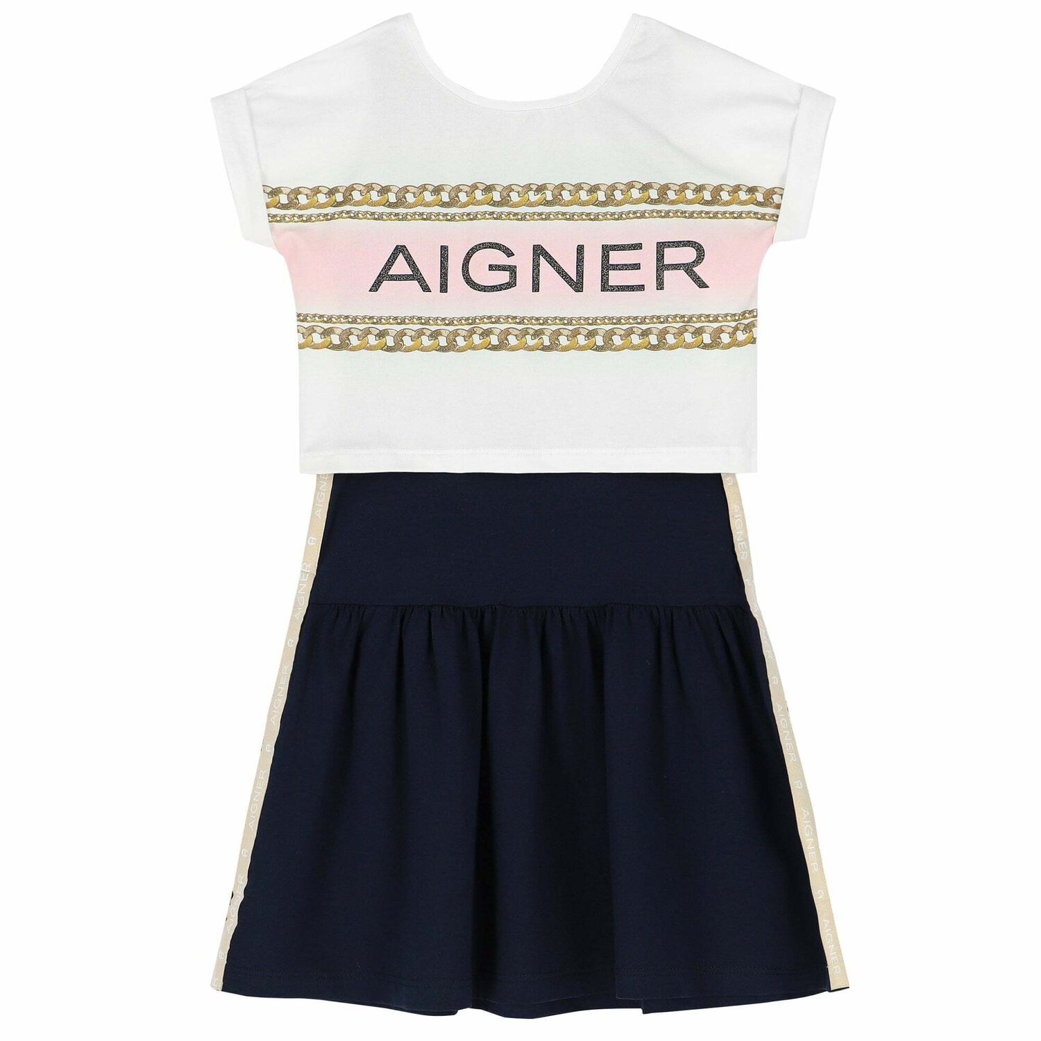 Girls Navy Blue and White Logo Dress Set, 1, hi-res image number null