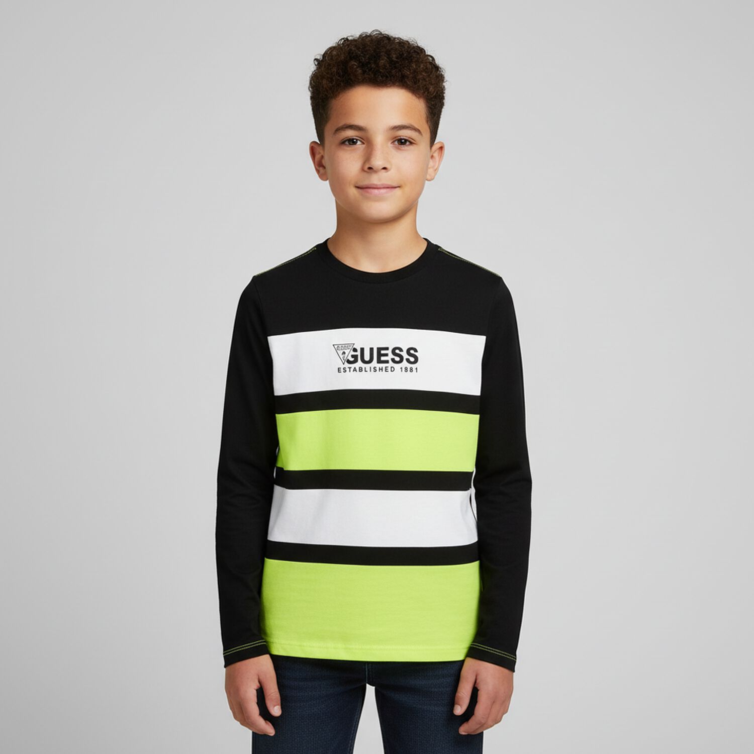 Boys Black, White & Neon Green Logo Long Sleeve Top, 1, hi-res