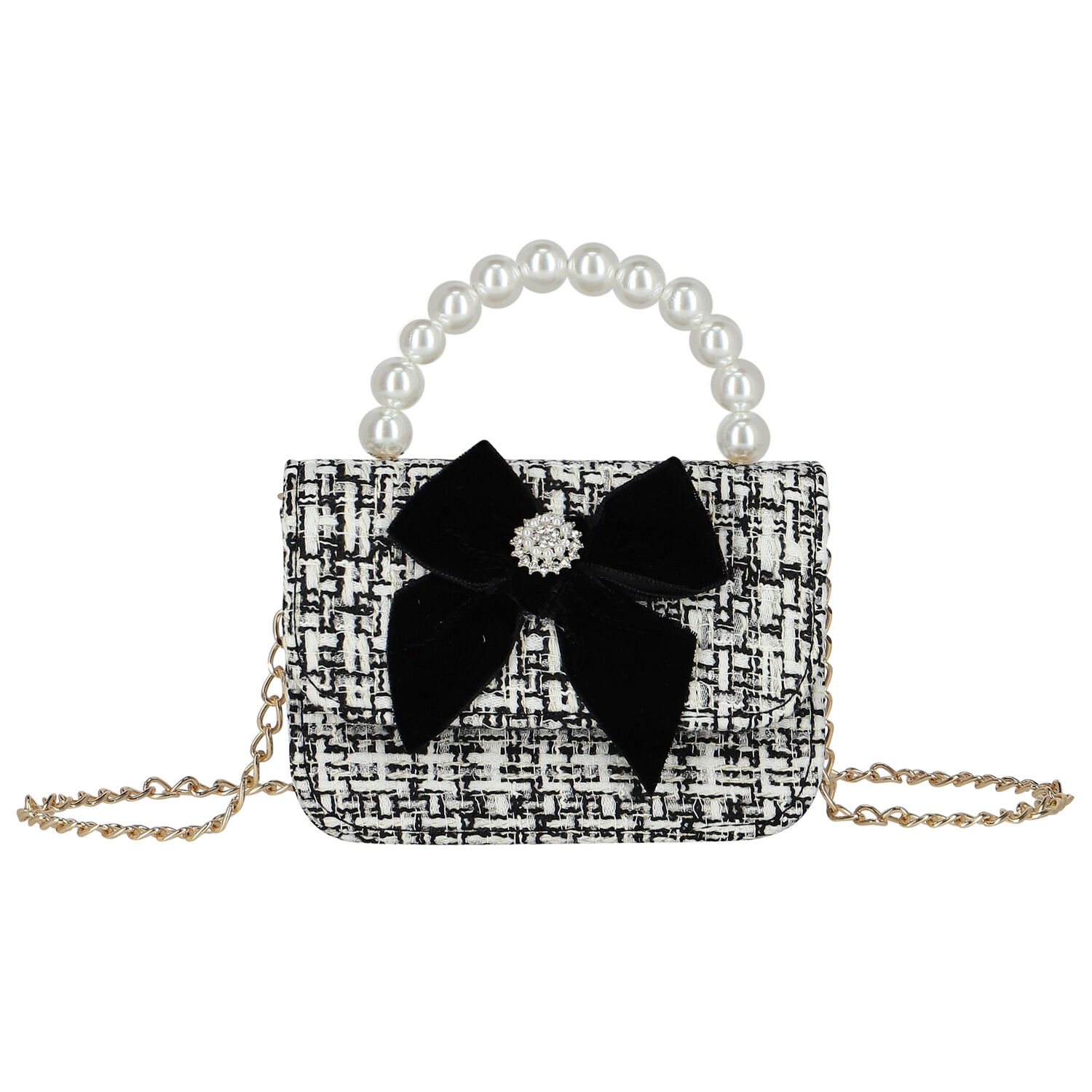 Girls Ivory & Black Tweed Bow Bag, 2, hi-res