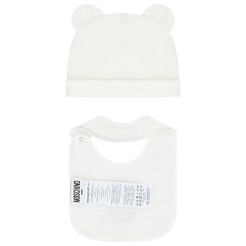 White Teddy Bear Logo Hat & Bib Baby Gift Set