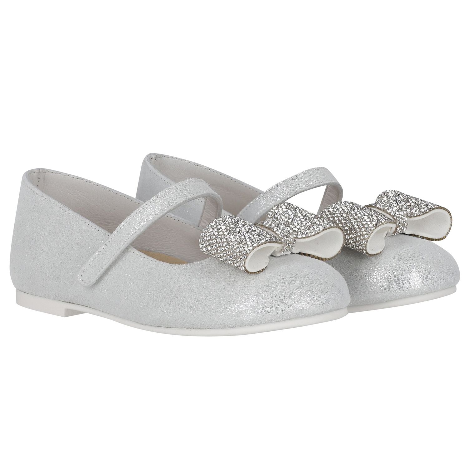 Girls Silver Embellished Bow Shoes, 1, hi-res