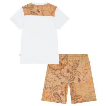 Boys White & Beige Geo Map Shorts Set