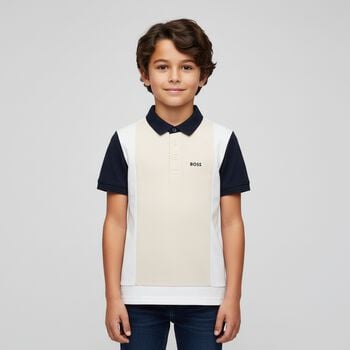 Boys Ivory, White & Navy Blue Polo Shirt
