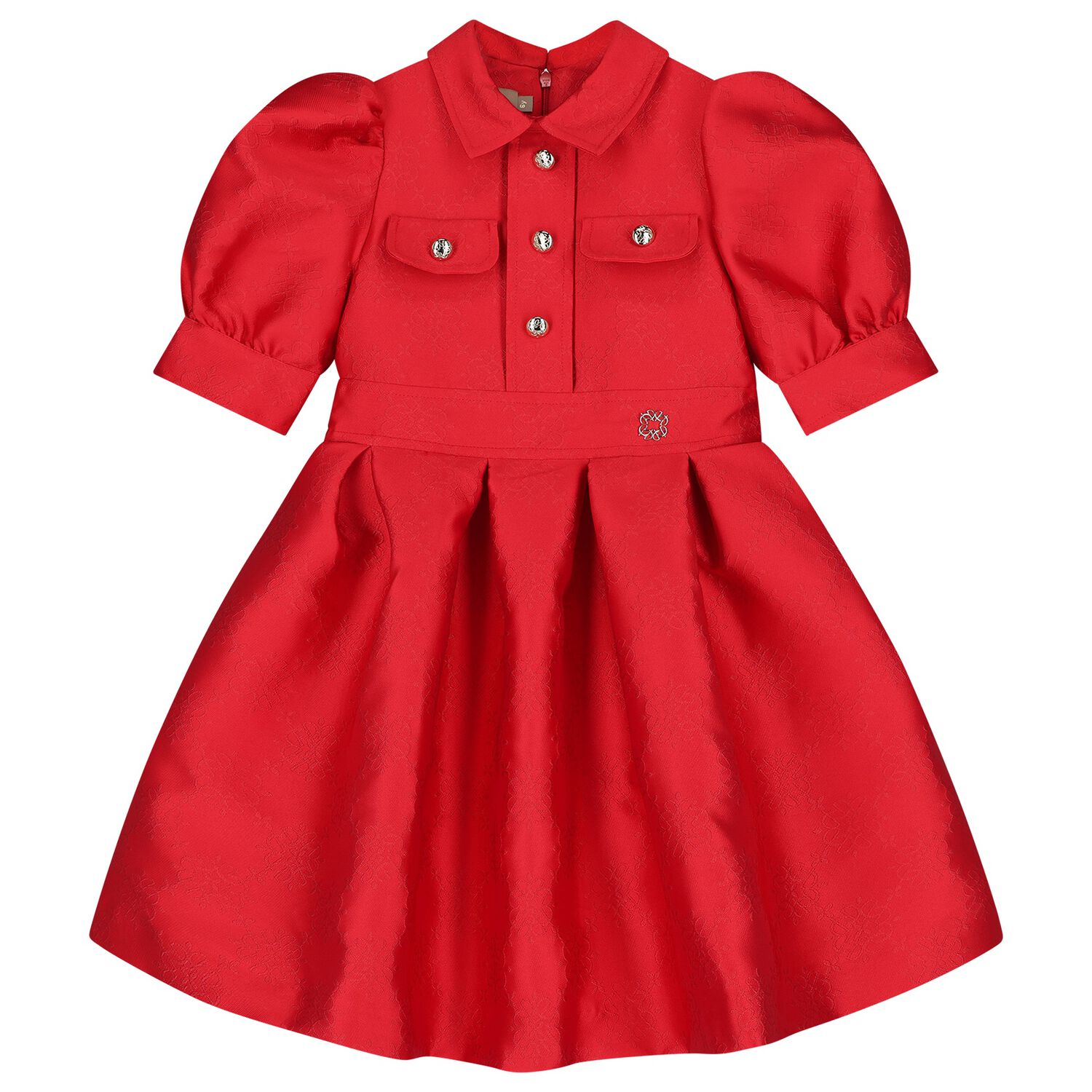 Girls Red Satin Jacquard Logo Dress, 2, hi-res