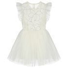 Girls White Embellished Ruffled Tulle Dress, 1, hi-res