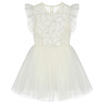 Girls White Embellished Ruffled Tulle Dress