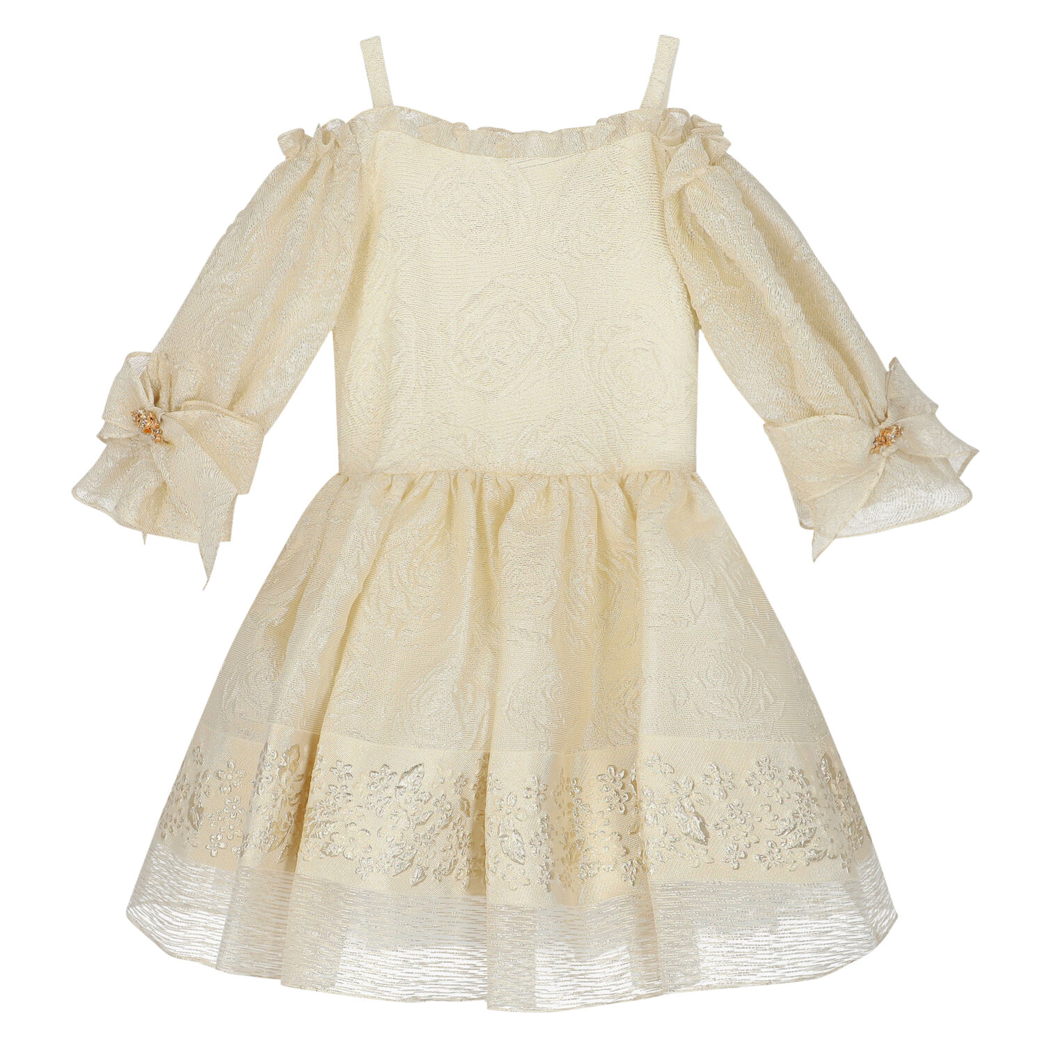 Girls Ivory & Gold Brocade Dress, 1, hi-res
