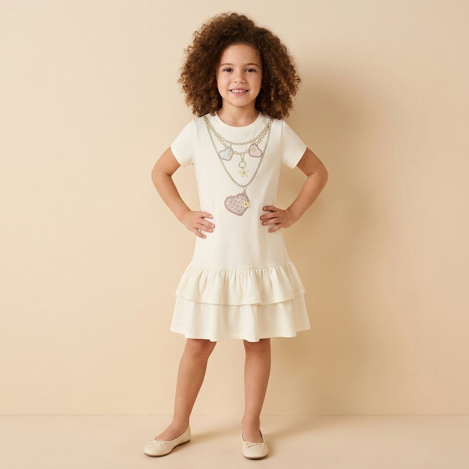 Girls Ivory Necklace Logo Dress, 1, hi-res