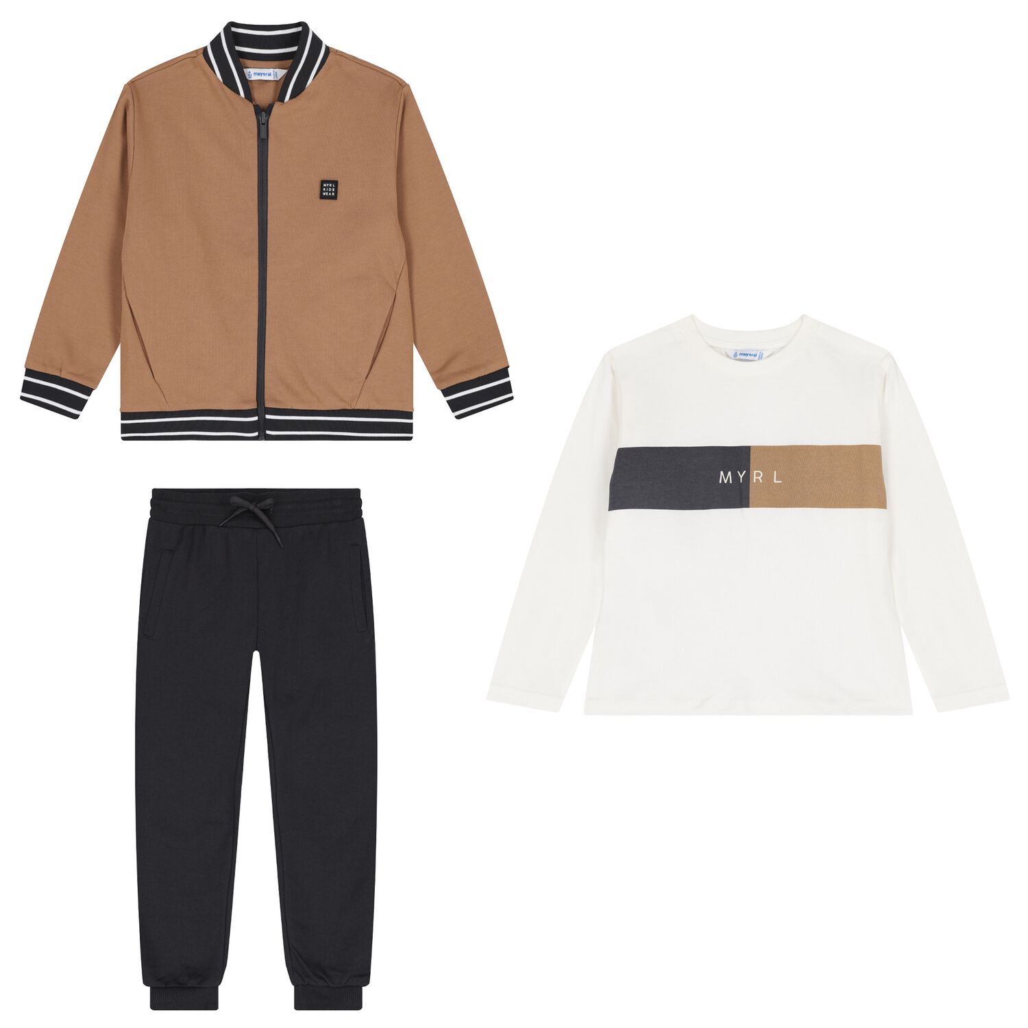 Boys Beige, White & Black Tracksuit Set (3 Piece), 2, hi-res