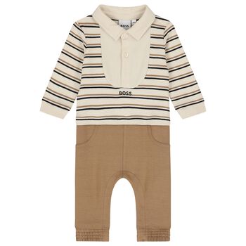 Baby Boys Beige Logo Striped Romper 