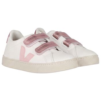 Girls White & Pink Logo Leather Trainers 
