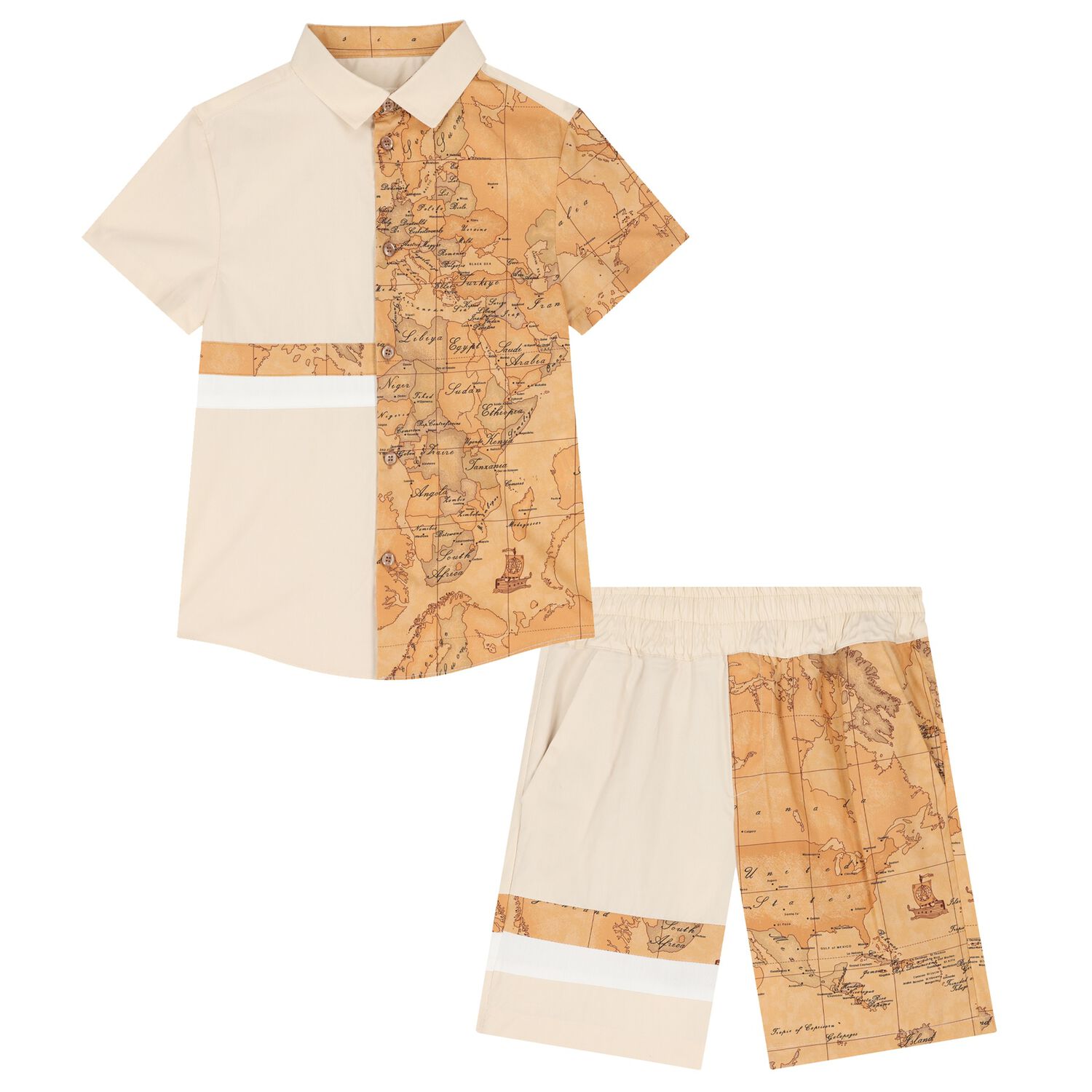 Boys Beige Geo Map Logo Shorts Set, 2, hi-res image number null