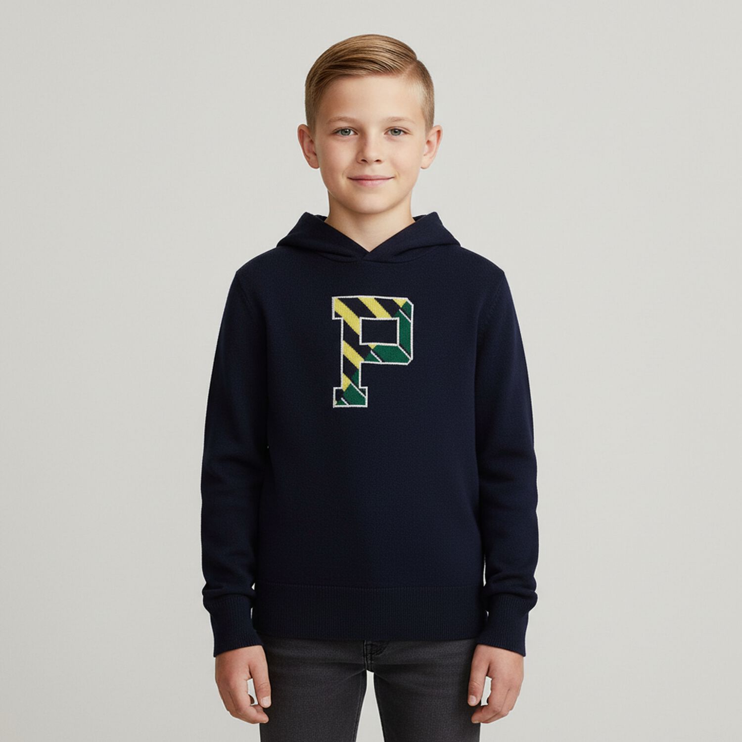 Boys Navy Logo Knitted Hooded Top, 1, hi-res