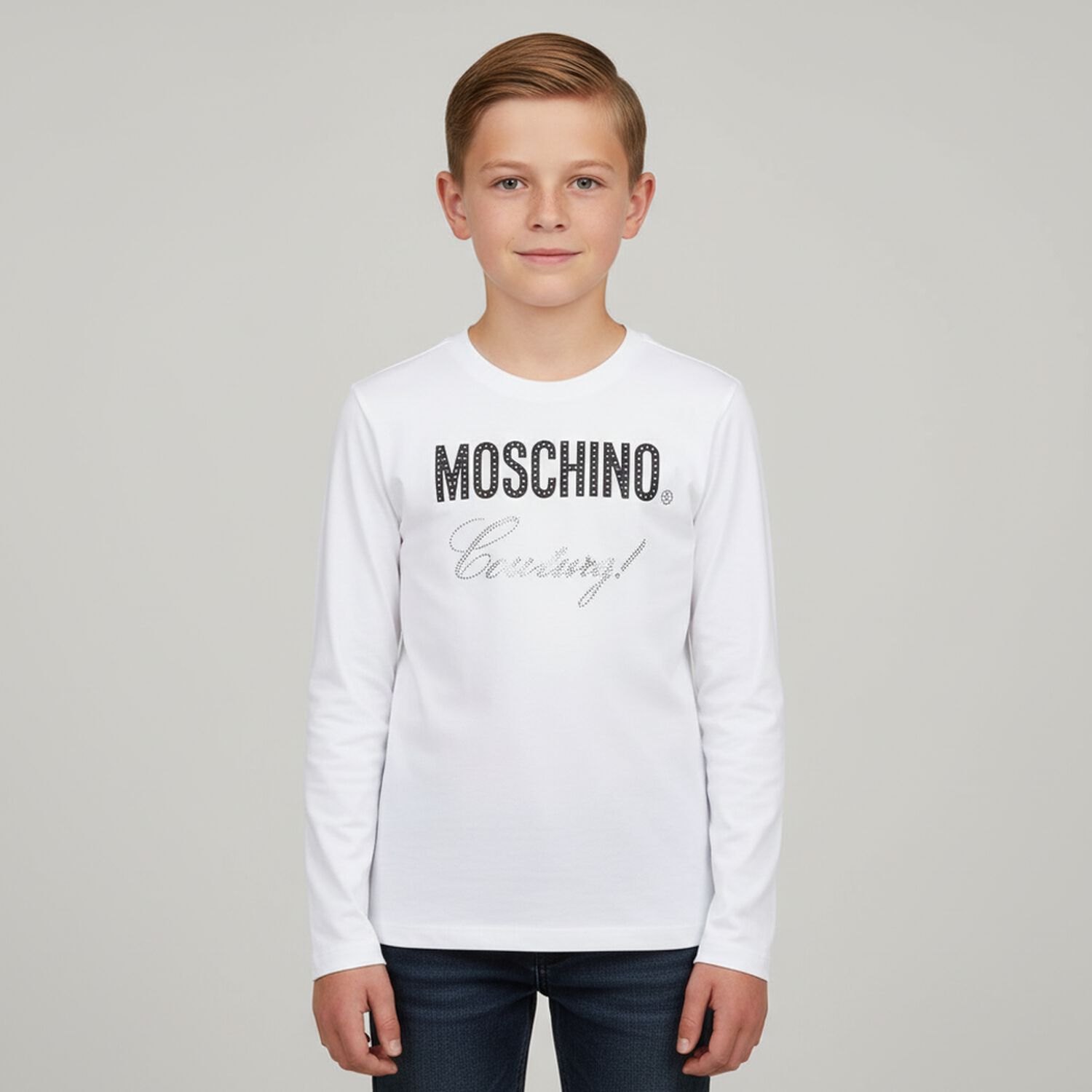 White Logo Embellished Long Sleeve Top, 1, hi-res