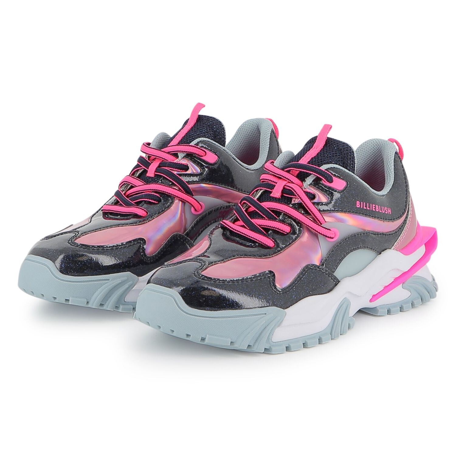 Girls Navy Blue & Pink Logo Trainers, 1, hi-res