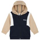 Younger Boys Navy Blue Hooded Zip Up Top, 1, hi-res