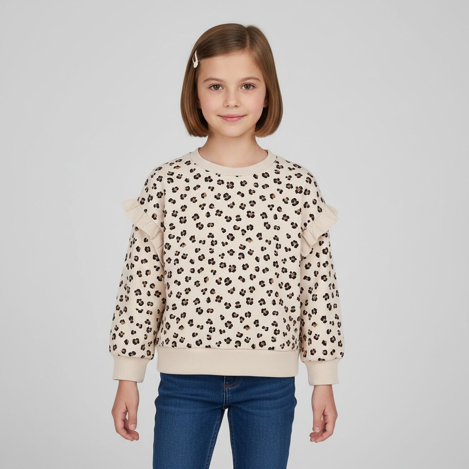 Girls Beige Heart Print Sweatshirt , 1, hi-res